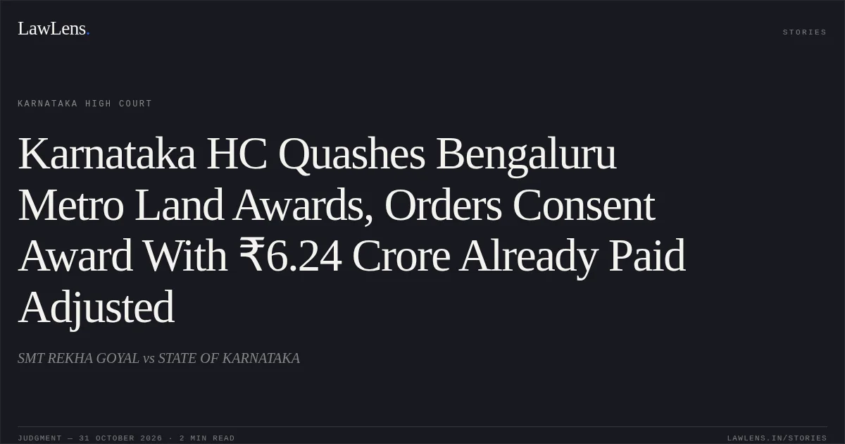 Karnataka HC Quashes Bengaluru Metro Land Awards, Orders Consent Award With ₹6.24 Crore Already Paid Adjusted. SMT REKHA GOYAL vs STATE OF KARNATAKA. Karnataka High Court. LawLens