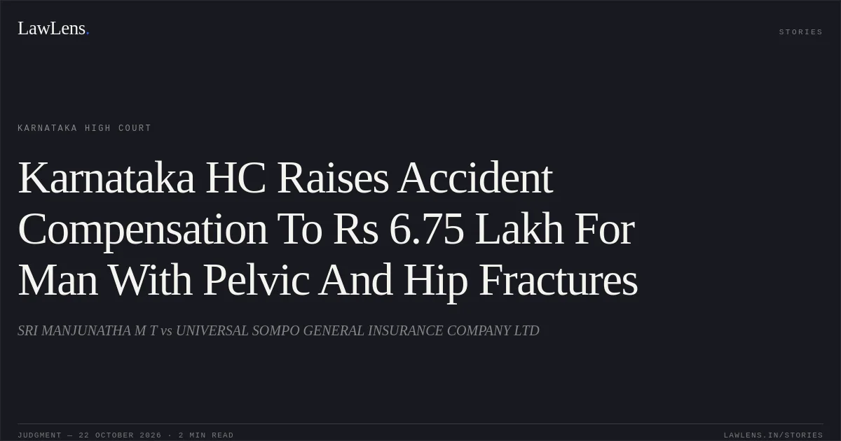 Karnataka HC Raises Accident Compensation To Rs 6.75 Lakh For Man With Pelvic And Hip Fractures. SRI MANJUNATHA M T vs UNIVERSAL SOMPO GENERAL INSURANCE COMPANY LTD. Karnataka High Court. LawLens