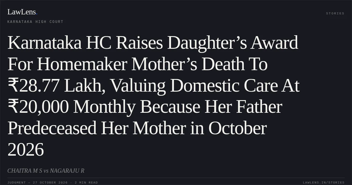 Karnataka HC Raises Daughter’s Award For Homemaker Mother’s Death To ₹28.77 Lakh, Valuing Domestic Care At ₹20,000 Monthly Because Her Father Predeceased Her Mother in October 2026. CHAITRA M S vs NAGARAJU R. Karnataka High Court. LawLens