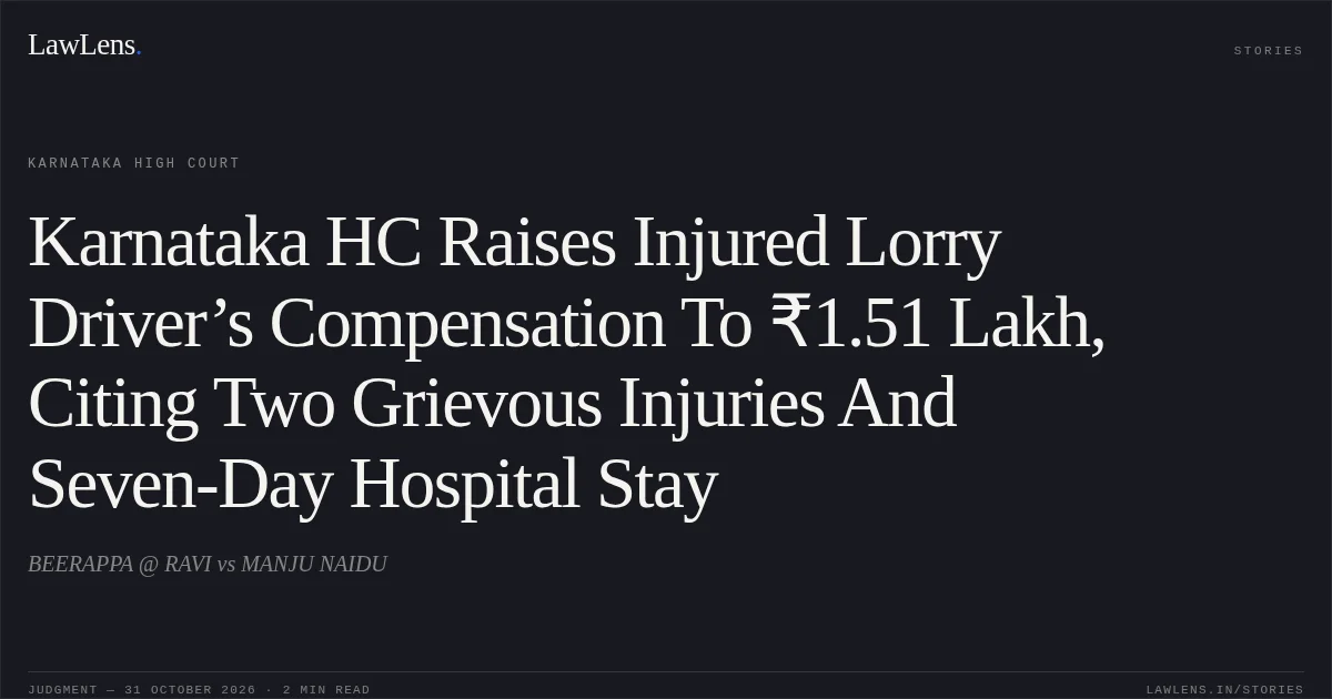 Karnataka HC Raises Injured Lorry Driver’s Compensation To ₹1.51 Lakh, Citing Two Grievous Injuries And Seven-Day Hospital Stay. BEERAPPA @ RAVI vs MANJU NAIDU. Karnataka High Court. LawLens