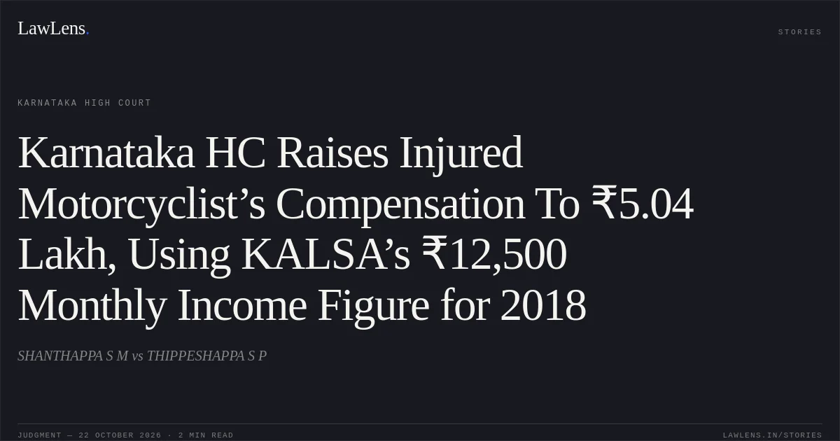 Karnataka HC Raises Injured Motorcyclist’s Compensation To ₹5.04 Lakh, Using KALSA’s ₹12,500 Monthly Income Figure for 2018. SHANTHAPPA S M vs THIPPESHAPPA S P. Karnataka High Court. LawLens
