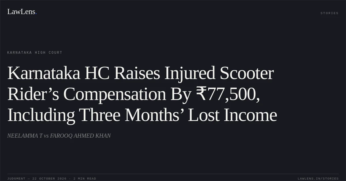 Karnataka HC Raises Injured Scooter Rider’s Compensation By ₹77,500, Including Three Months’ Lost Income. NEELAMMA T vs FAROOQ AHMED KHAN. Karnataka High Court. LawLens