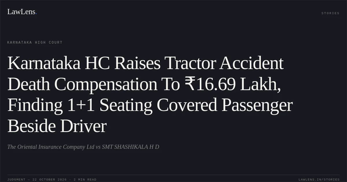 Karnataka HC Raises Tractor Accident Death Compensation To ₹16.69 Lakh, Finding 1+1 Seating Covered Passenger Beside Driver. The Oriental Insurance Company Ltd vs SMT SHASHIKALA H D. Karnataka High Court. LawLens