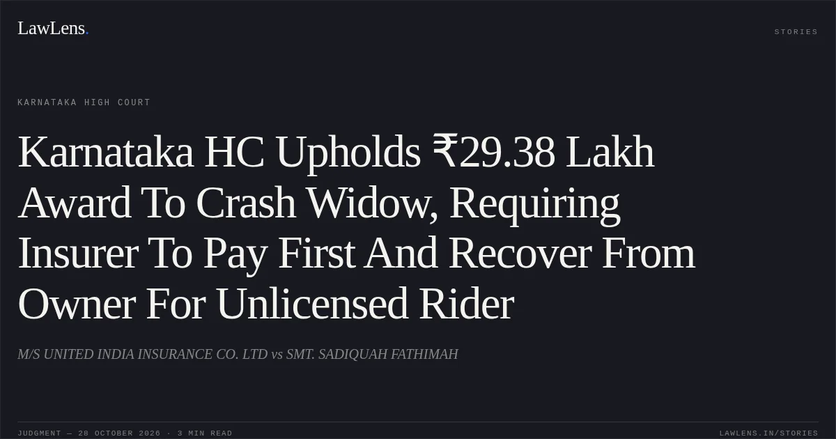 Karnataka HC Upholds ₹29.38 Lakh Award To Crash Widow, Requiring Insurer To Pay First And Recover From Owner For Unlicensed Rider. M/S UNITED INDIA INSURANCE CO. LTD vs SMT. SADIQUAH FATHIMAH. Karnataka High Court. LawLens