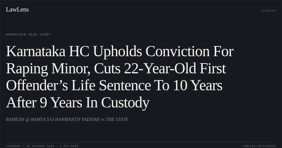 Karnataka HC Upholds Conviction For Raping Minor, Cuts 22-Year-Old First Offender’s Life Sentence To 10 Years After 9 Years In Custody. RAMESH @ RAMYA S/O HANMANTH VADDAR vs THE STATE. Karnataka High Court. LawLens