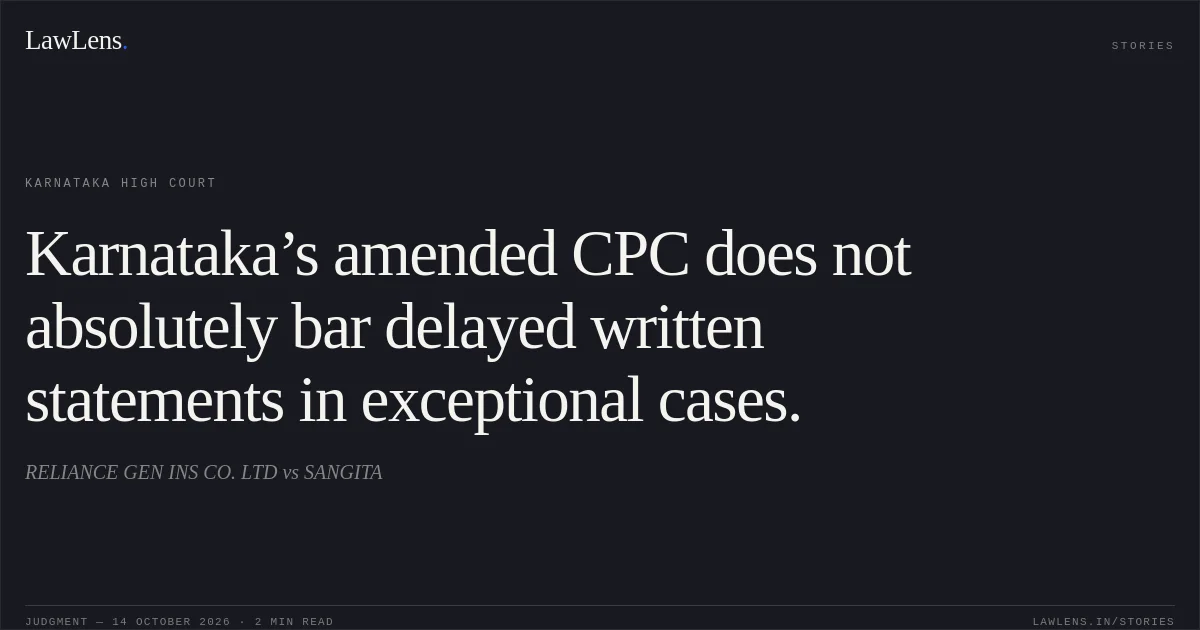 Karnataka’s amended CPC does not absolutely bar delayed written statements in exceptional cases.. RELIANCE GEN INS CO. LTD vs SANGITA. Karnataka High Court. LawLens