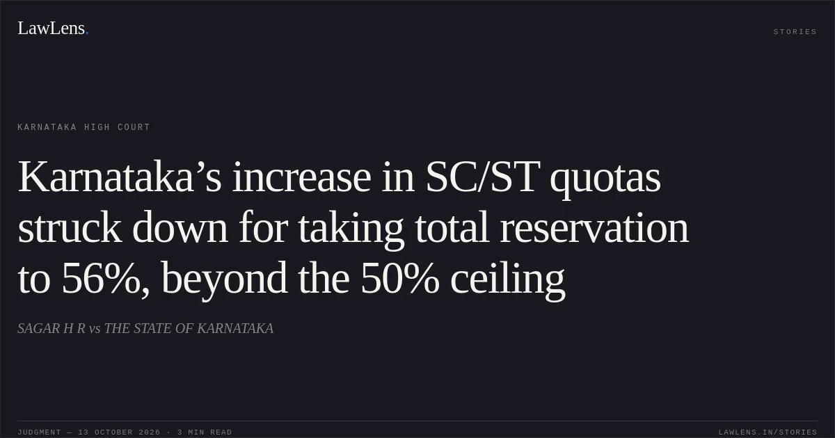 Karnataka’s increase in SC/ST quotas struck down for taking total reservation to 56%, beyond the 50% ceiling. SAGAR H R vs THE STATE OF KARNATAKA. Karnataka High Court. LawLens