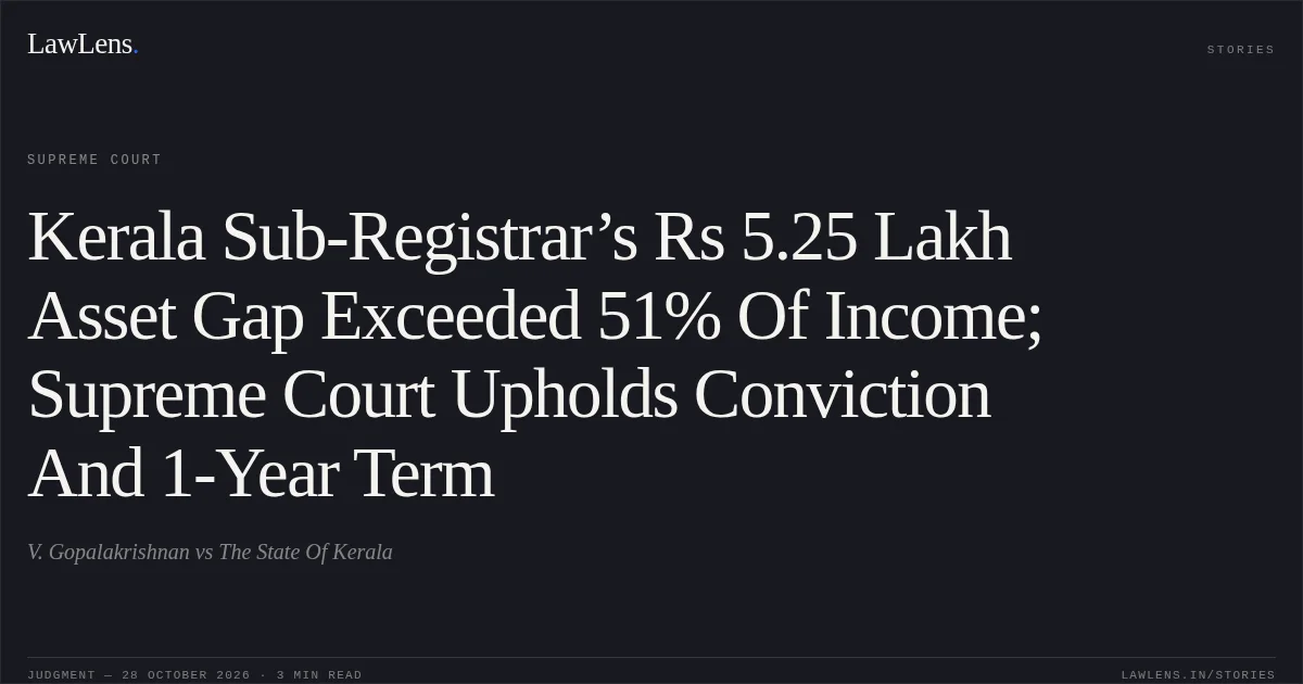 Kerala Sub-Registrar’s Rs 5.25 Lakh Asset Gap Exceeded 51% Of Income; Supreme Court Upholds Conviction And 1-Year Term. V. Gopalakrishnan vs The State Of Kerala. Supreme Court. LawLens