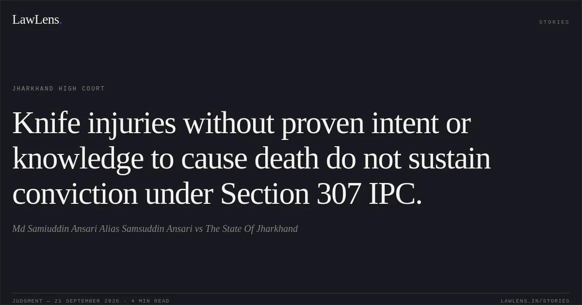 Knife injuries without proven intent or knowledge to cause death do not sustain conviction under Section 307 IPC.. Md Samiuddin Ansari Alias Samsuddin Ansari vs The State Of Jharkhand. Jharkhand High Court. LawLens