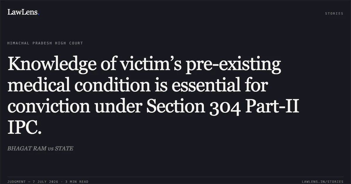 Knowledge of victim’s pre-existing medical condition is essential for conviction under Section 304 Part-II IPC.. BHAGAT RAM vs STATE. Himachal Pradesh High Court. LawLens