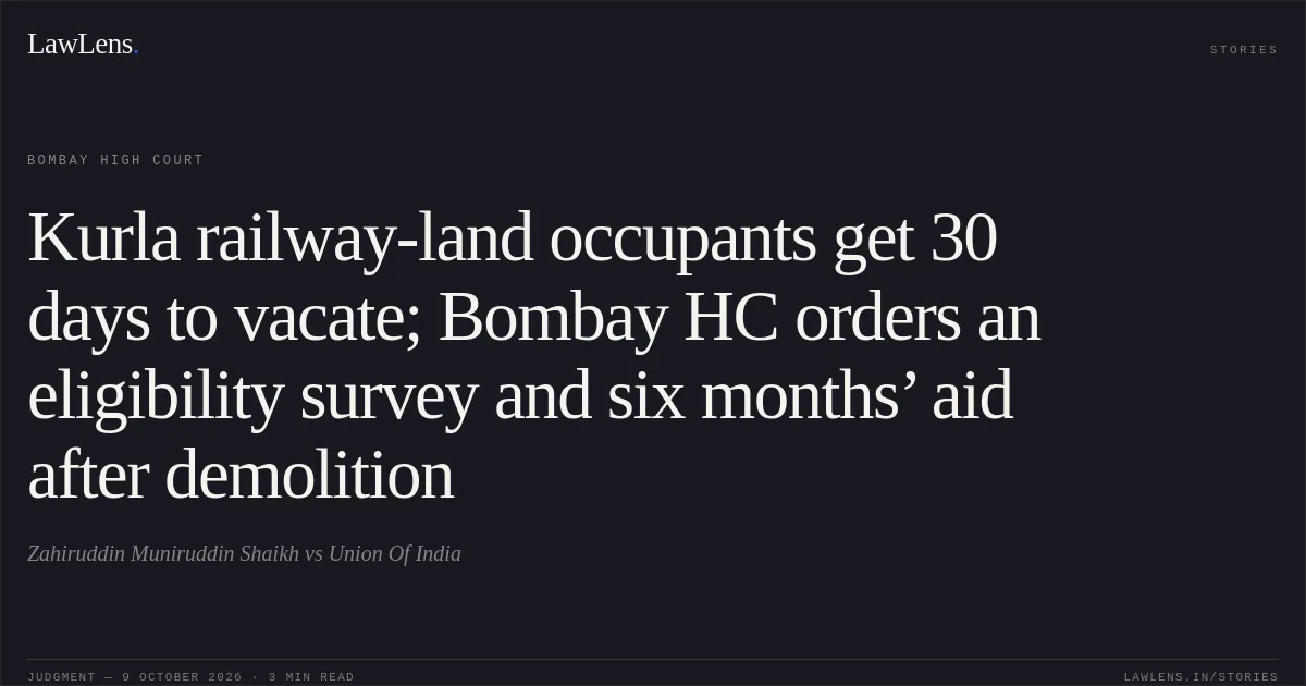 Kurla railway-land occupants get 30 days to vacate; Bombay HC orders an eligibility survey and six months’ aid after demolition. Zahiruddin Muniruddin Shaikh vs Union Of India. Bombay High Court. LawLens