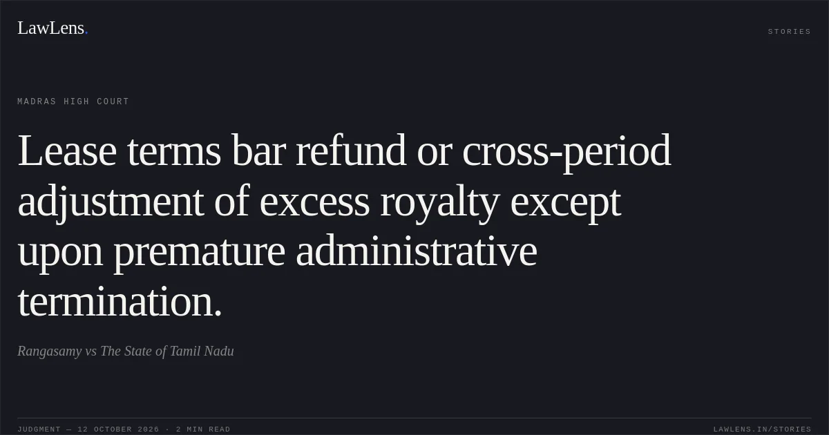Lease terms bar refund or cross-period adjustment of excess royalty except upon premature administrative termination.. Rangasamy vs The State of Tamil Nadu. Madras High Court. LawLens