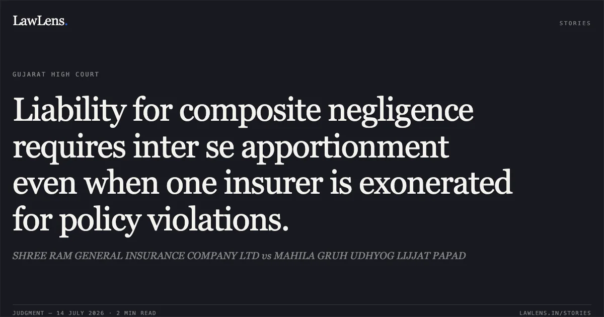 Liability for composite negligence requires inter se apportionment even when one insurer is exonerated for policy violations.. SHREE RAM GENERAL INSURANCE COMPANY LTD vs MAHILA GRUH UDHYOG LIJJAT PAPAD. Gujarat High Court. LawLens