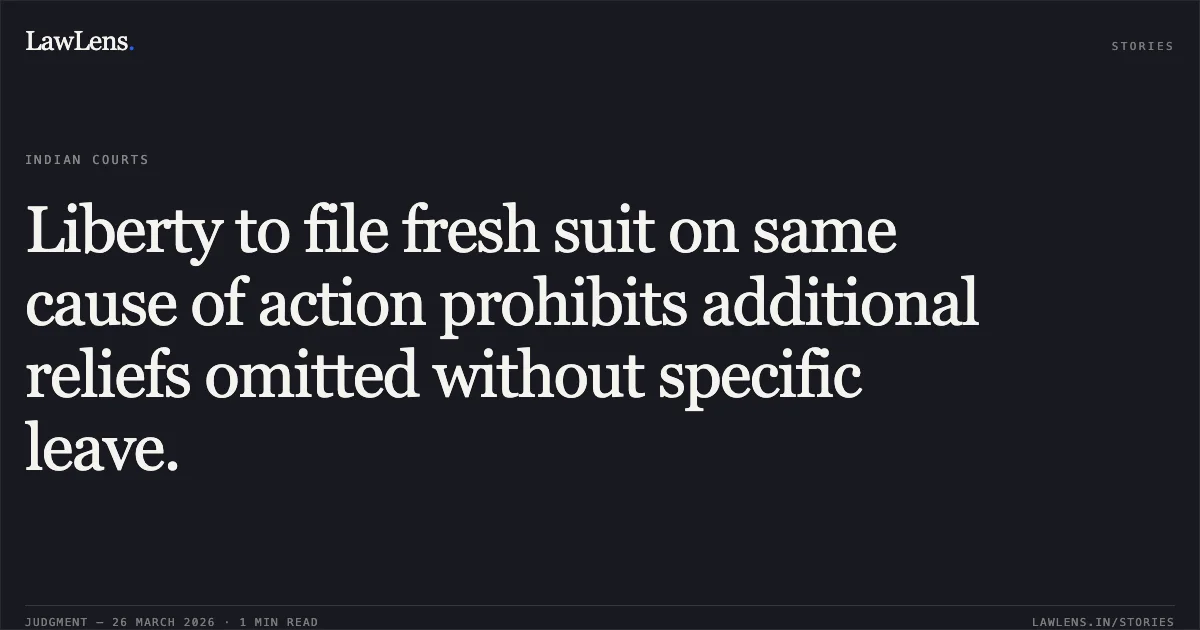 Liberty to file fresh suit on same cause of action prohibits additional reliefs omitted without specific leave.. M/S. LAHOTI PROPERTIES THROUGH ITS PARTNER AJAY SHRINIWASJI LAHOTI AND OTHERS vs GANGABHISHAN MADANGOPAL BHUTADA AND OTHERS. Bombay High Court. LawLens