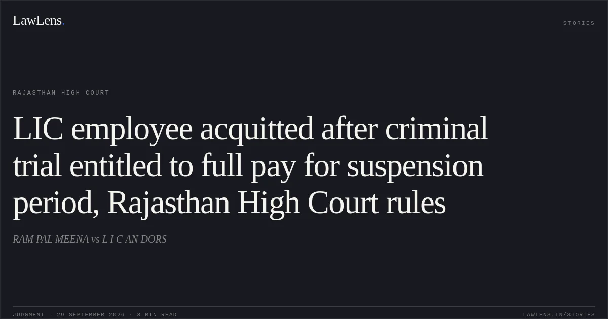 LIC employee acquitted after criminal trial entitled to full pay for suspension period, Rajasthan High Court rules. RAM PAL MEENA vs L I C AN DORS. Rajasthan High Court. LawLens