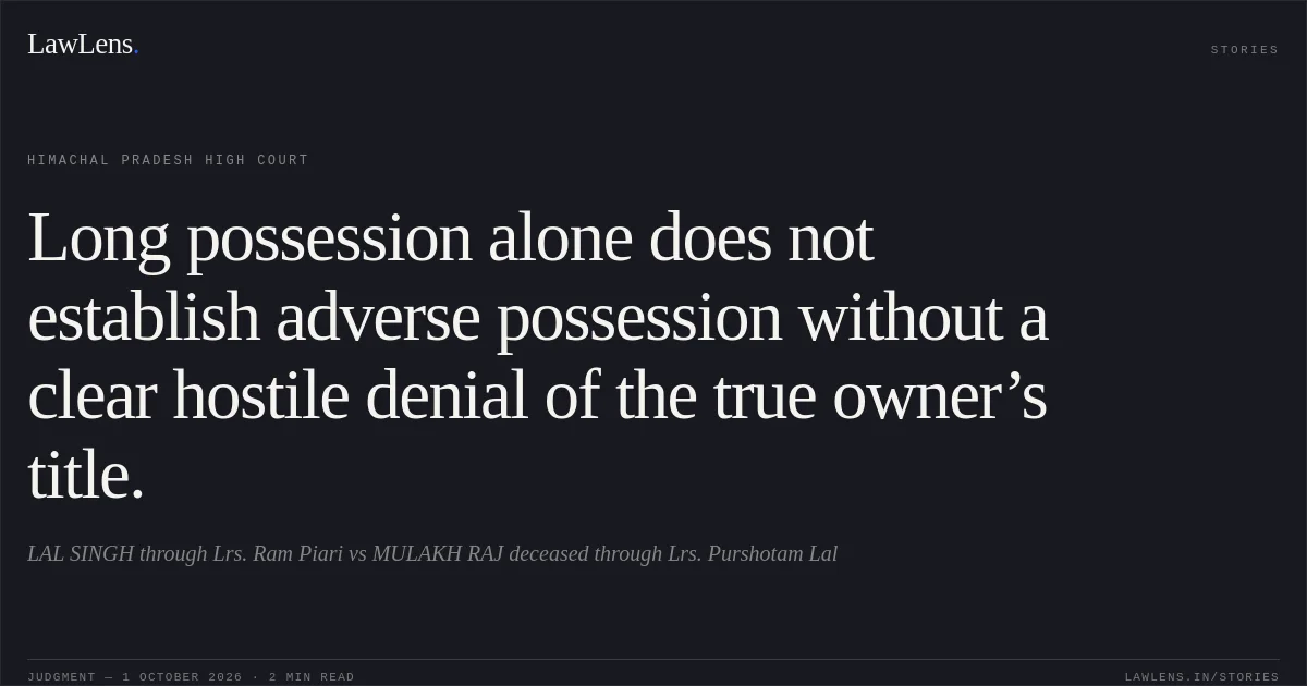 Long possession alone does not establish adverse possession without a clear hostile denial of the true owner’s title.. LAL SINGH through Lrs. Ram Piari vs MULAKH RAJ deceased through Lrs. Purshotam Lal. Himachal Pradesh High Court. LawLens