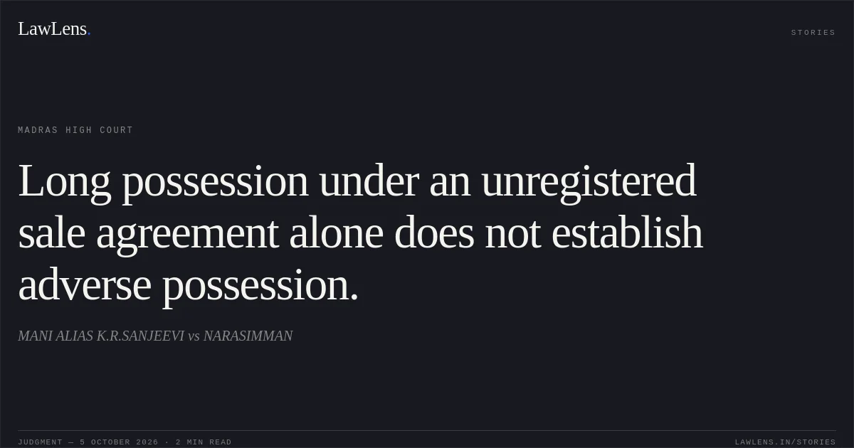 Long possession under an unregistered sale agreement alone does not establish adverse possession.. MANI ALIAS K.R.SANJEEVI vs NARASIMMAN. Madras High Court. LawLens