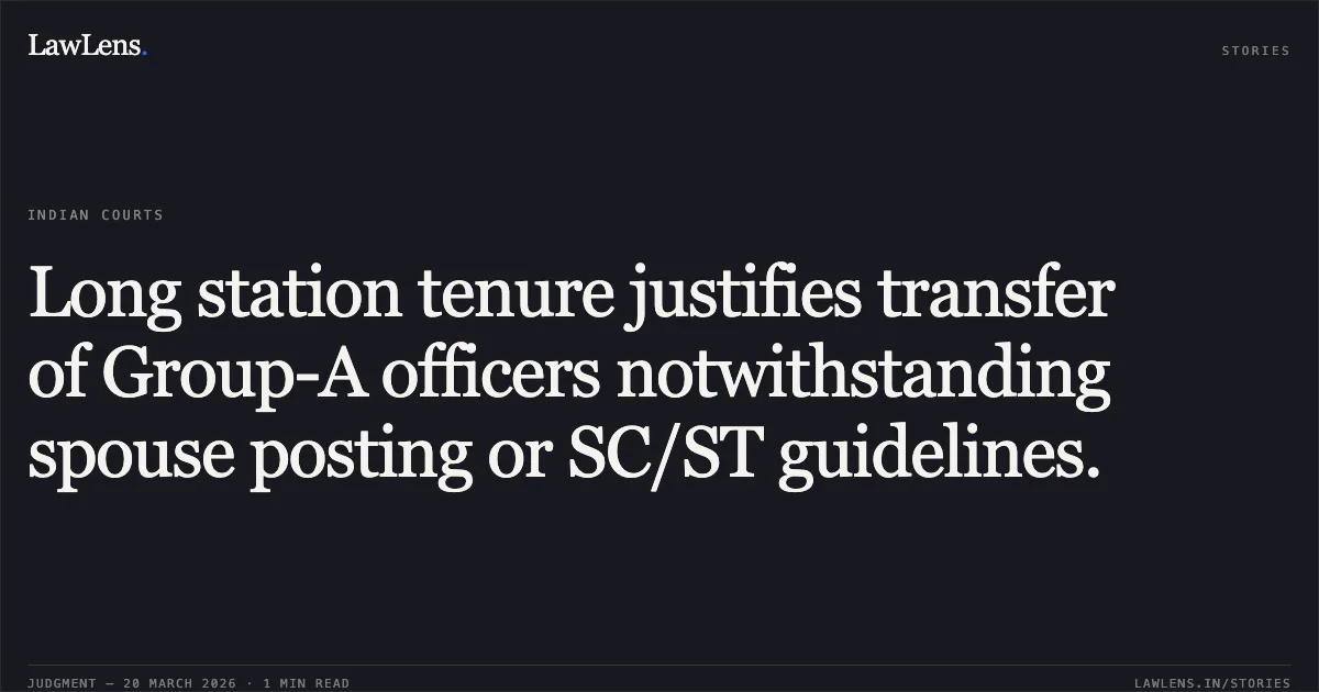 Long station tenure justifies transfer of Group-A officers notwithstanding spouse posting or SC/ST guidelines.. Pradip Kumar Hira vs RAIL BHAWAN. Central Administrative Tribunal. LawLens