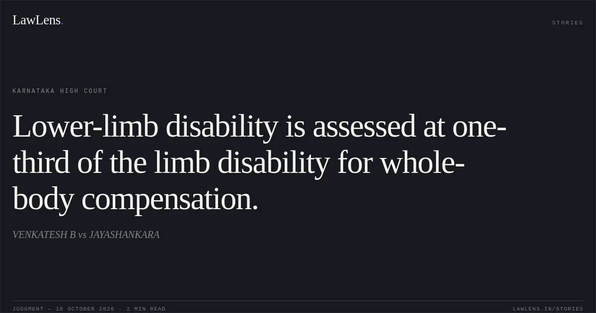Lower-limb disability is assessed at one-third of the limb disability for whole-body compensation.. VENKATESH B vs JAYASHANKARA. Karnataka High Court. LawLens