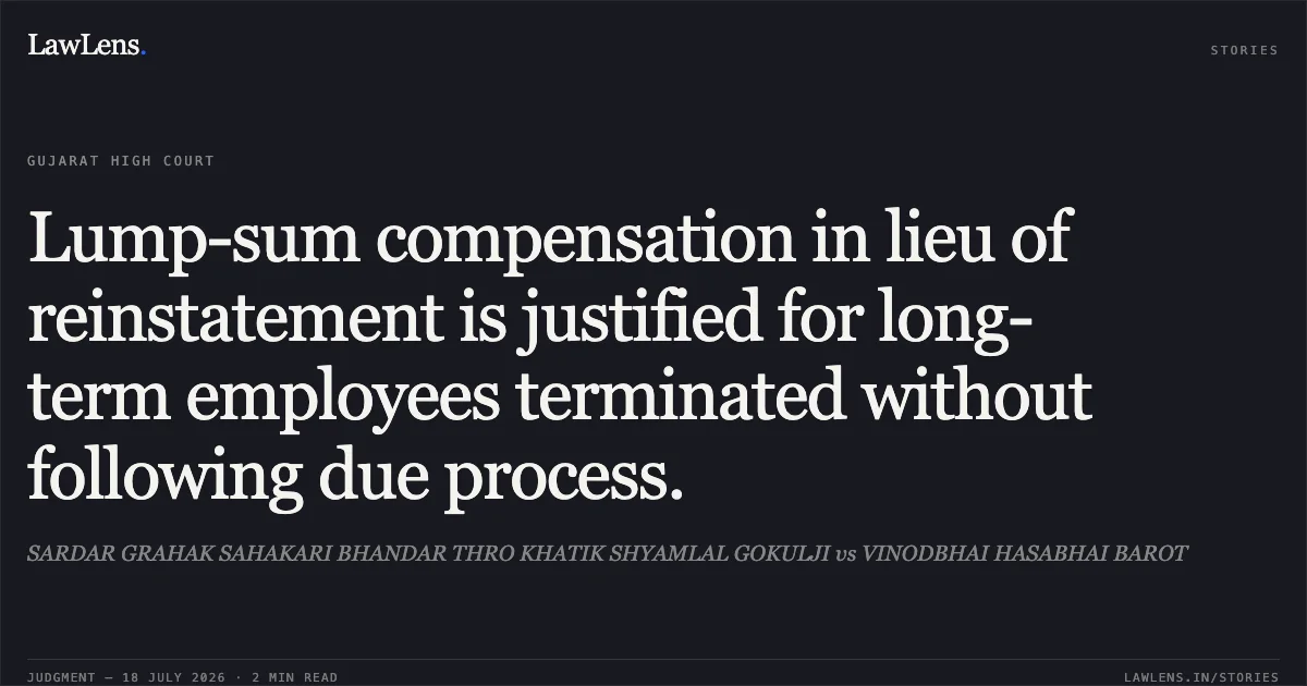 Lump-sum compensation in lieu of reinstatement is justified for long-term employees terminated without following due process.. SARDAR GRAHAK SAHAKARI BHANDAR THRO KHATIK SHYAMLAL GOKULJI vs VINODBHAI HASABHAI BAROT. Gujarat High Court. LawLens