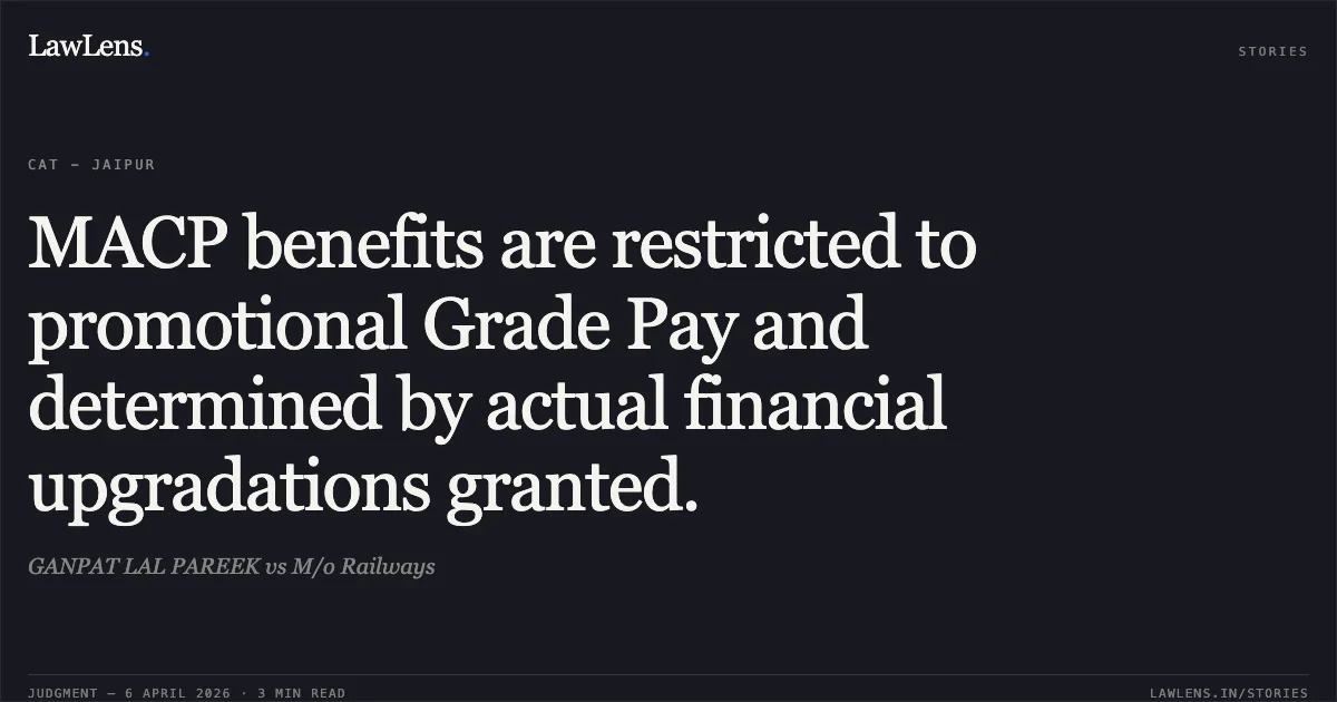 MACP benefits are restricted to promotional Grade Pay and determined by actual financial upgradations granted.. GANPAT LAL PAREEK vs M/o Railways. Central Administrative Tribunal. LawLens