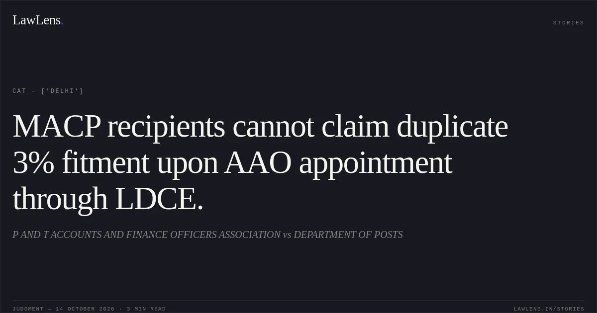 MACP recipients cannot claim duplicate 3% fitment upon AAO appointment through LDCE.. P AND T ACCOUNTS AND FINANCE OFFICERS ASSOCIATION vs DEPARTMENT OF POSTS. CAT - ['Delhi']. LawLens