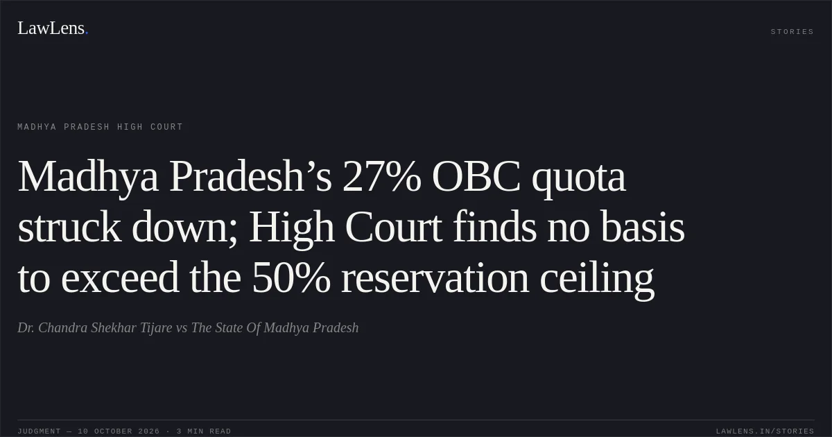 Madhya Pradesh’s 27% OBC quota struck down; High Court finds no basis to exceed the 50% reservation ceiling. Dr. Chandra Shekhar Tijare vs The State Of Madhya Pradesh. Madhya Pradesh High Court. LawLens