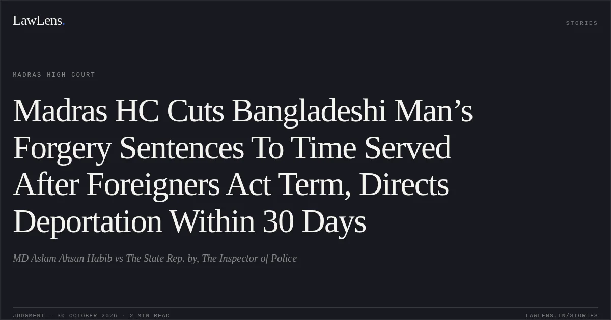 Madras HC Cuts Bangladeshi Man’s Forgery Sentences To Time Served After Foreigners Act Term, Directs Deportation Within 30 Days. MD Aslam Ahsan Habib vs The State Rep. by, The Inspector of Police. Madras High Court. LawLens