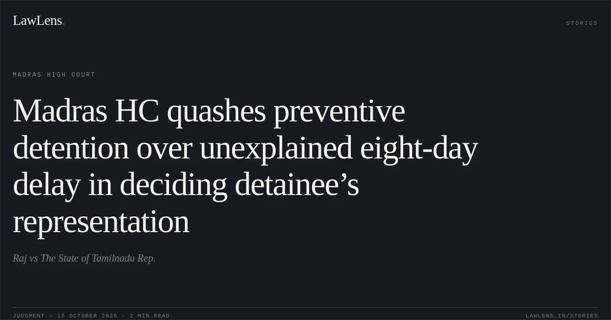 Madras HC quashes preventive detention over unexplained eight-day delay in deciding detainee’s representation. Raj vs The State of Tamilnadu Rep.. Madras High Court. LawLens