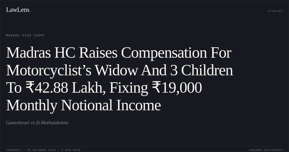 Madras HC Raises Compensation For Motorcyclist’s Widow And 3 Children To ₹42.88 Lakh, Fixing ₹19,000 Monthly Notional Income. Ganeshwari vs D.Muthulakshmi. Madras High Court. LawLens