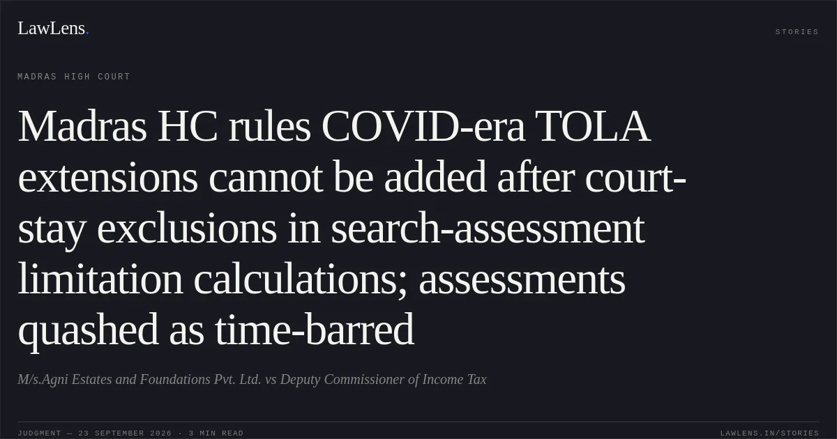 Madras HC rules COVID-era TOLA extensions cannot be added after court-stay exclusions in search-assessment limitation calculations; assessments quashed as time-barred. M/s.Agni Estates and Foundations Pvt. Ltd. vs Deputy Commissioner of Income Tax. Madras High Court. LawLens