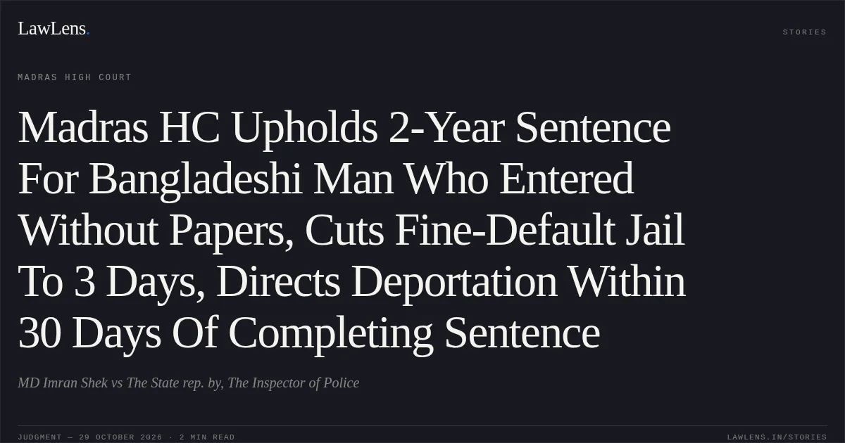 Madras HC Upholds 2-Year Sentence For Bangladeshi Man Who Entered Without Papers, Cuts Fine-Default Jail To 3 Days, Directs Deportation Within 30 Days Of Completing Sentence. MD Imran Shek vs The State rep. by, The Inspector of Police. Madras High Court. LawLens