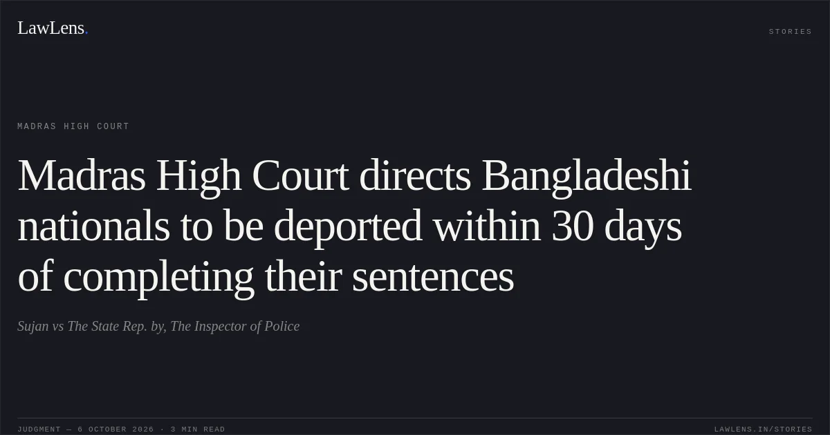 Madras High Court directs Bangladeshi nationals to be deported within 30 days of completing their sentences. Sujan vs The State Rep. by, The Inspector of Police. Madras High Court. LawLens