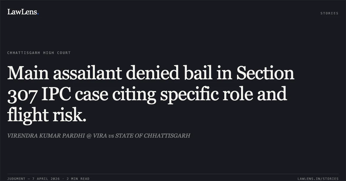 Main assailant denied bail in Section 307 IPC case citing specific role and flight risk.. VIRENDRA KUMAR PARDHI @ VIRA vs STATE OF CHHATTISGARH. Chhattisgarh High Court. LawLens