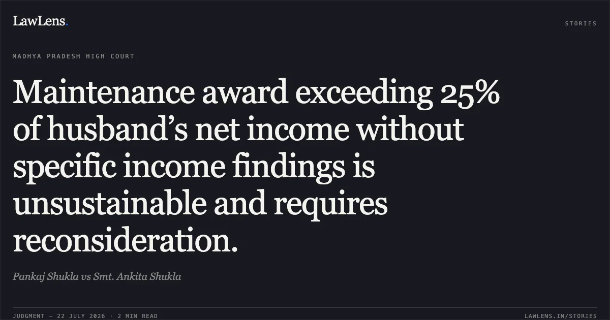 Maintenance award exceeding 25% of husband’s net income without specific income findings is unsustainable and requires reconsideration.. Pankaj Shukla vs Smt. Ankita Shukla. Madhya Pradesh High Court. LawLens