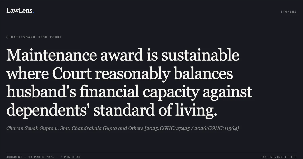 Maintenance award is sustainable where Court reasonably balances husband's financial capacity against dependents' standard of living.. Charan Sevak Gupta v. Smt. Chandrakala Gupta and Others [2025:CGHC:27425 / 2026:CGHC:11564]. Chhattisgarh High Court. LawLens