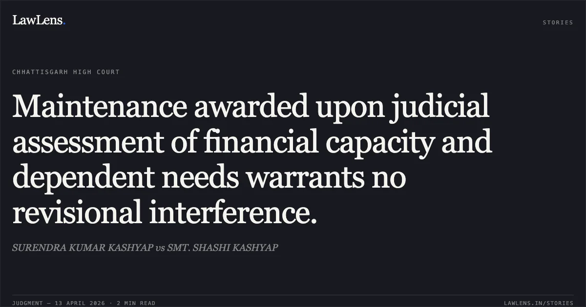 Maintenance awarded upon judicial assessment of financial capacity and dependent needs warrants no revisional interference.. SURENDRA KUMAR KASHYAP vs SMT. SHASHI KASHYAP. Chhattisgarh High Court. LawLens