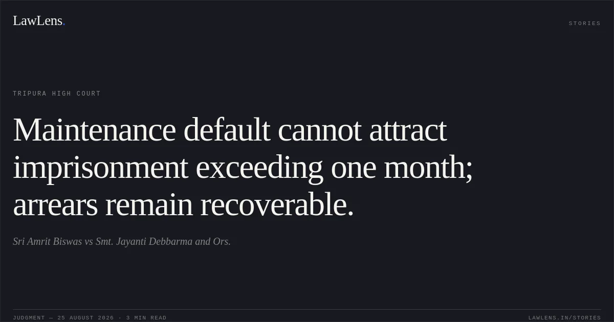 Maintenance default cannot attract imprisonment exceeding one month; arrears remain recoverable.. Sri Amrit Biswas vs Smt. Jayanti Debbarma and Ors.. Tripura High Court. LawLens