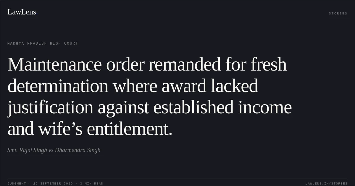 Maintenance order remanded for fresh determination where award lacked justification against established income and wife’s entitlement.. Smt. Rajni Singh vs Dharmendra Singh. Madhya Pradesh High Court. LawLens