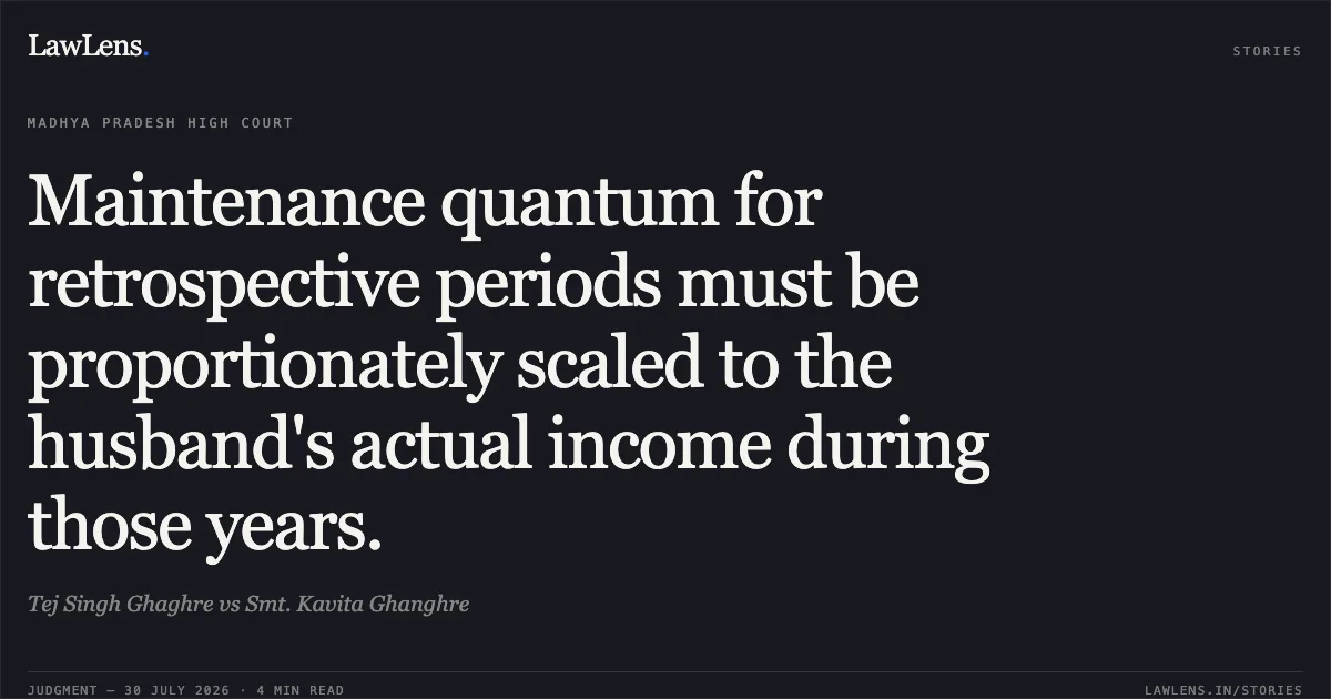 Maintenance quantum for retrospective periods must be proportionately scaled to the husband's actual income during those years.. Tej Singh Ghaghre vs Smt. Kavita Ghanghre. Madhya Pradesh High Court. LawLens