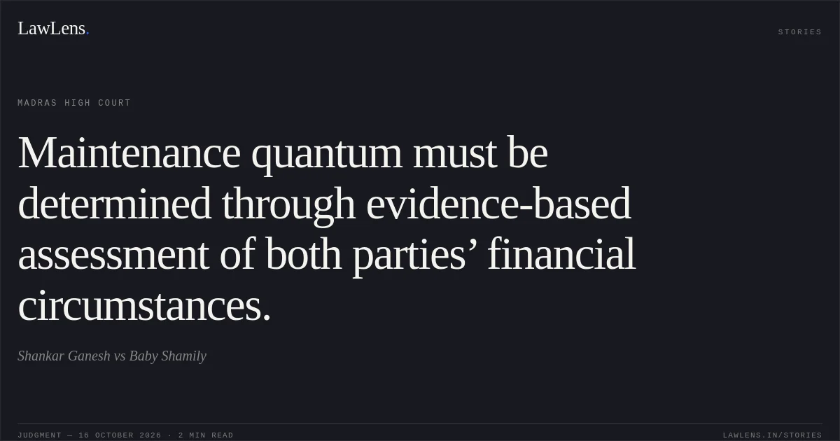 Maintenance quantum must be determined through evidence-based assessment of both parties’ financial circumstances.. Shankar Ganesh vs Baby Shamily. Madras High Court. LawLens