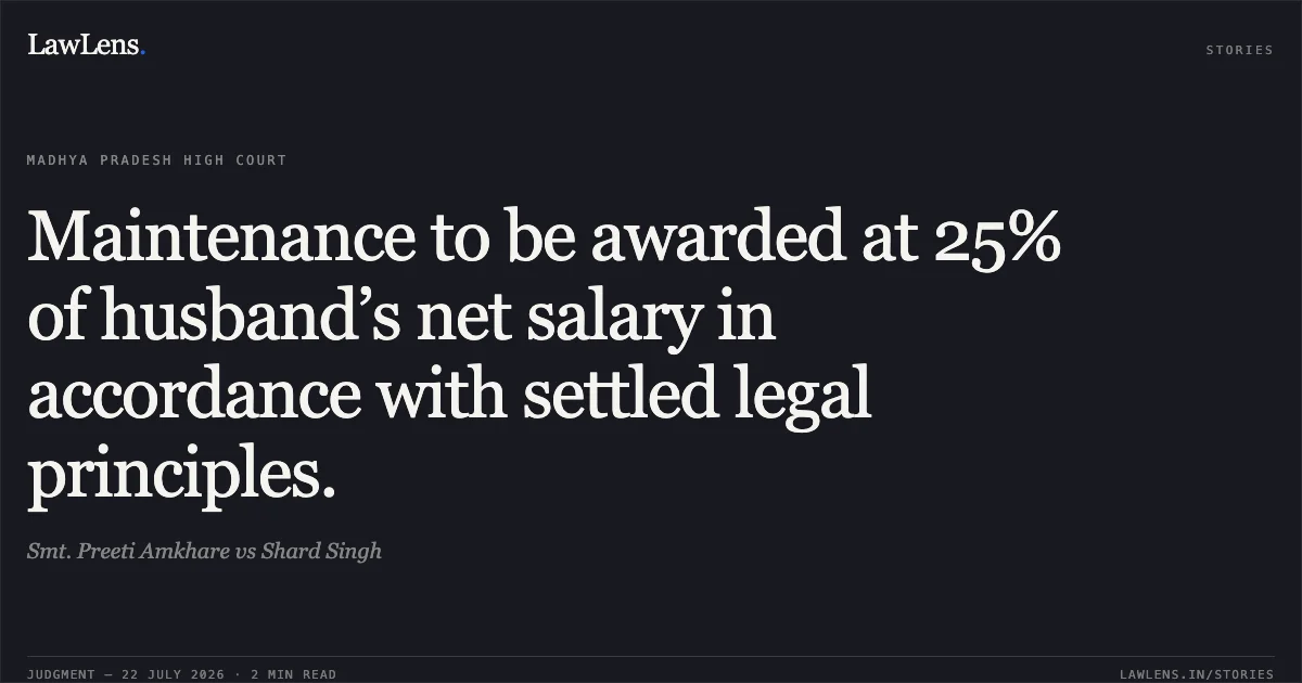 Maintenance to be awarded at 25% of husband’s net salary in accordance with settled legal principles.. Smt. Preeti Amkhare vs Shard Singh. Madhya Pradesh High Court. LawLens