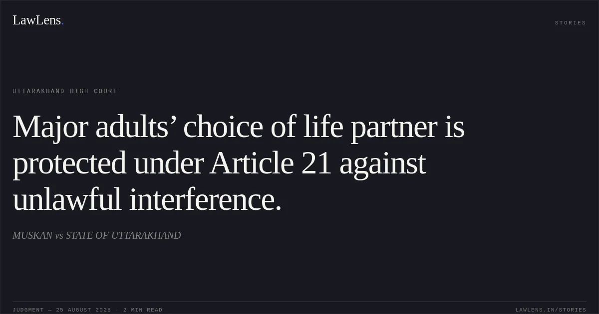 Major adults’ choice of life partner is protected under Article 21 against unlawful interference.. MUSKAN vs STATE OF UTTARAKHAND. Uttarakhand High Court. LawLens