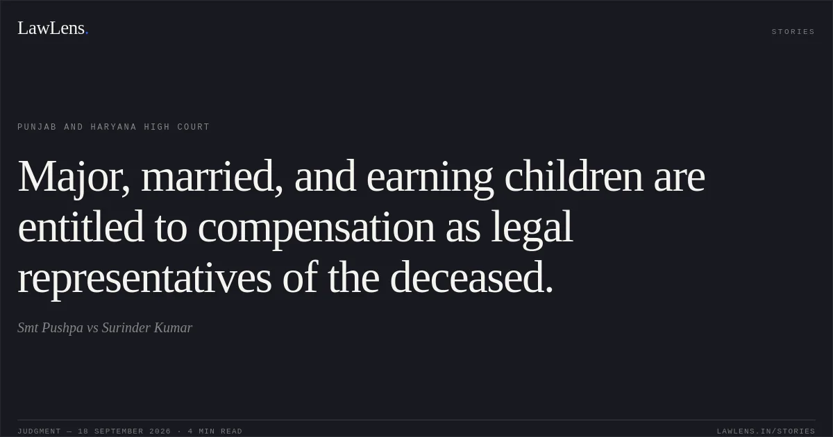 Major, married, and earning children are entitled to compensation as legal representatives of the deceased.. Smt Pushpa vs Surinder Kumar. Punjab and Haryana High Court. LawLens