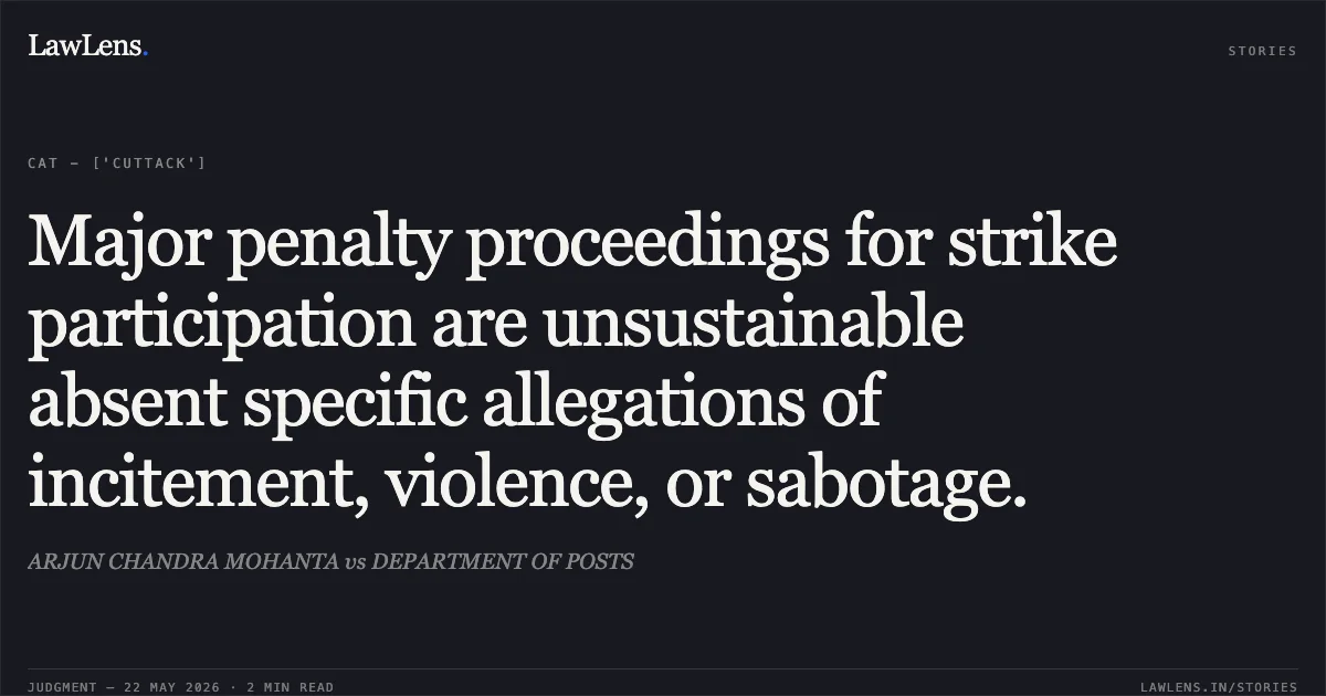 Major penalty proceedings for strike participation are unsustainable absent specific allegations of incitement, violence, or sabotage.. ARJUN CHANDRA MOHANTA vs DEPARTMENT OF POSTS. Central Administrative Tribunal. LawLens
