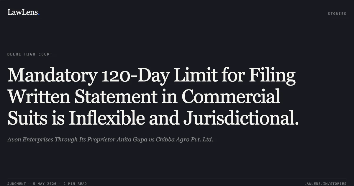 Mandatory 120-Day Limit for Filing Written Statement in Commercial Suits is Inflexible and Jurisdictional.. Avon Enterprises Through Its Proprietor Anita Gupa vs Chibba Agro Pvt. Ltd.. Delhi High Court. LawLens