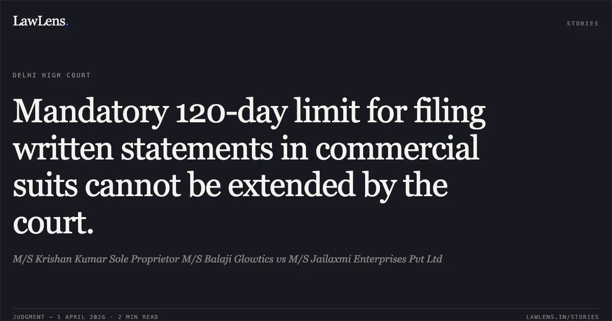 Mandatory 120-day limit for filing written statements in commercial suits cannot be extended by the court.. M/S Krishan Kumar Sole Proprietor M/S Balaji Glowtics vs M/S Jailaxmi Enterprises Pvt Ltd. Delhi High Court. LawLens