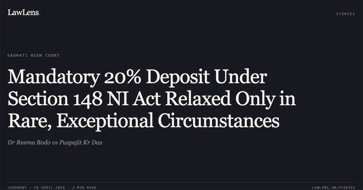 Mandatory 20% Deposit Under Section 148 NI Act Relaxed Only in Rare, Exceptional Circumstances. Dr Reema Bodo vs Puspajit Kr Das. Gauhati High Court. LawLens