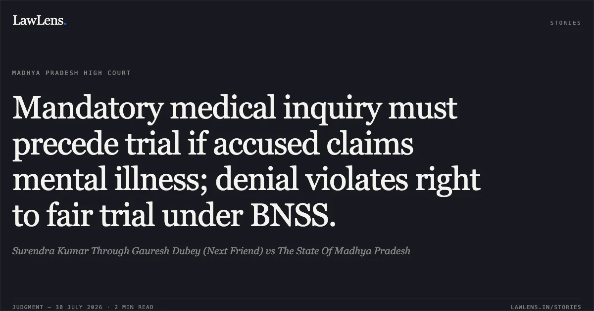 Mandatory medical inquiry must precede trial if accused claims mental illness; denial violates right to fair trial under BNSS.. Surendra Kumar Through Gauresh Dubey (Next Friend) vs The State Of Madhya Pradesh. Madhya Pradesh High Court. LawLens