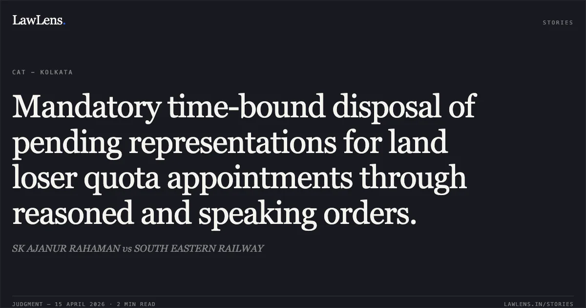 Mandatory time-bound disposal of pending representations for land loser quota appointments through reasoned and speaking orders.. SK AJANUR RAHAMAN vs SOUTH EASTERN RAILWAY. Central Administrative Tribunal. LawLens